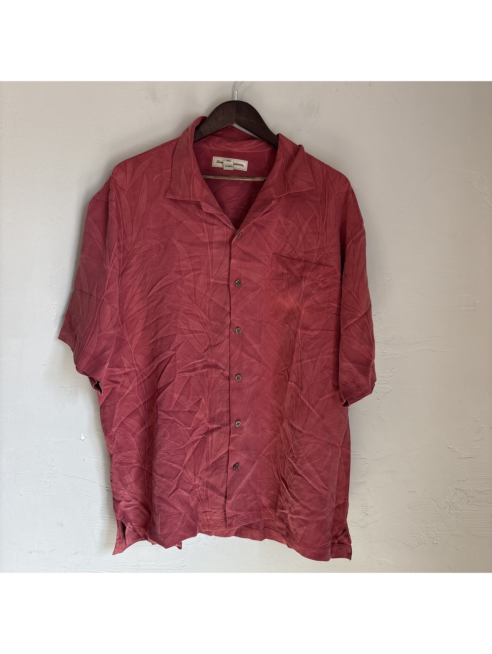 Tommy Bahama 100% Silk Red Jacquard Palm Leaf Hawaiian Shirt Mens XL